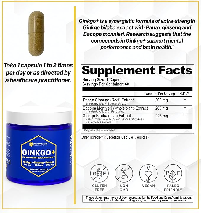 NATURAL STACKS Ginkgo Biloba Supplements w/Panax Ginseng and Bacopa Monnieri - Focus Supplement for Mental Performance, Brain Supplements for Adults, 60 Ginkgo Biloba Capsules