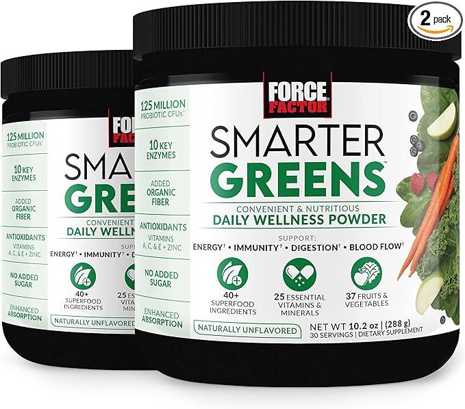Force Factor Smarter Greens Daily Wellness Powder 2-Pack to Support Energy, Immunity & Digestion, Greens Powder, Superfood Powder with Vitamins, Minerals & Probiotics, Unflavored, 60 Servings