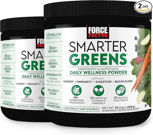 Force Factor Smarter Greens Daily Wellness Powder 2-Pack to Support Energy, Immunity & Digestion, Greens Powder, Superfood Powder with Vitamins, Minerals & Probiotics, Unflavored, 60 Servings