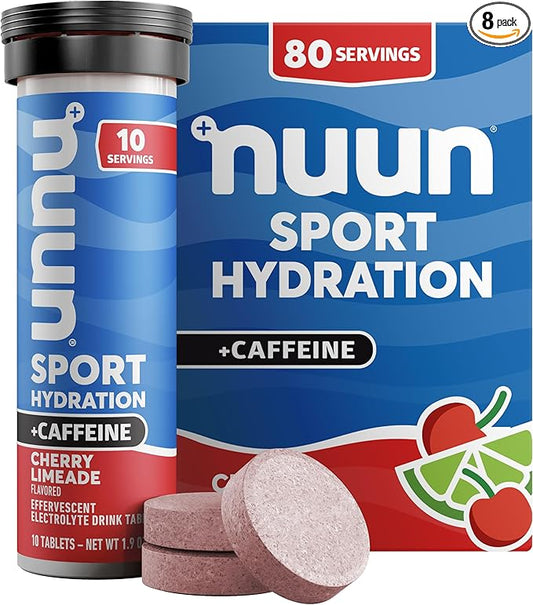 Nuun Sport + Caffeine Electrolyte Tablets - Dissolvable in Water, Cherry Limeade Flavor, 5 Essential Electrolytes for Hydration, 1g Sugar Drink Mix, Vegan, Non-GMO, 8 Pack (80 Total Servings)