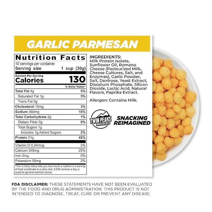 Twin Peaks Low Carb, Keto Friendly Protein Puffs, Garlic Parmesan (300g, 21g Protein, 2g Carbs)