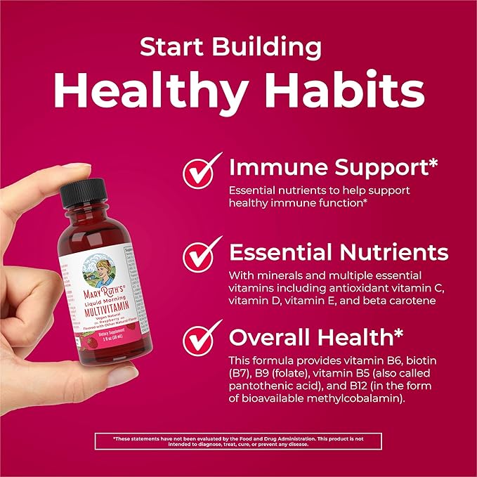 MaryRuth Organics Multivitamin for Women Men & Kids No Added Sugar | Morning Raspberry | Liquid Vitamins for Adults & Kids | Mens | Womens Multivitamin | Energy & Beauty Booster | 16-1 Fl Oz Bottles