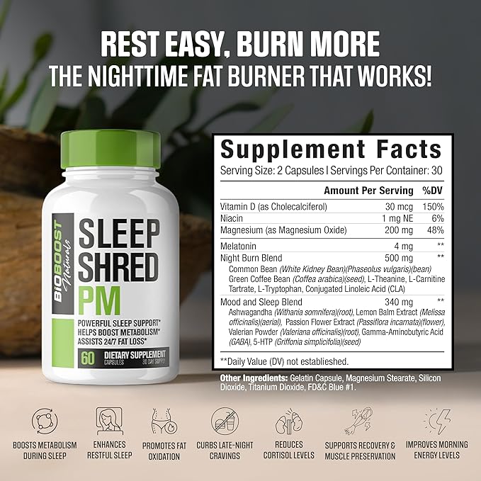 Sleep Shred PM | Night Time Fat Burner Weight Loss Pills for Women & Men + Appetite Suppressant | Shred Fat While You Sleep | Powerful Sleep Aid, Belly Fat Burner | Metabolism Booster - 60 Capsules