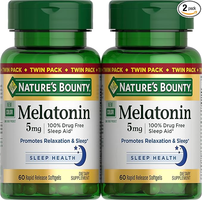 Nature's Bounty Melatonin 5mg, 100% Drug Free Sleep Aid, Dietary Supplement for Relaxation and Sleep Health - 4 Month Supply, 60 Rapid Release Softgels Twin Pack (120ct)