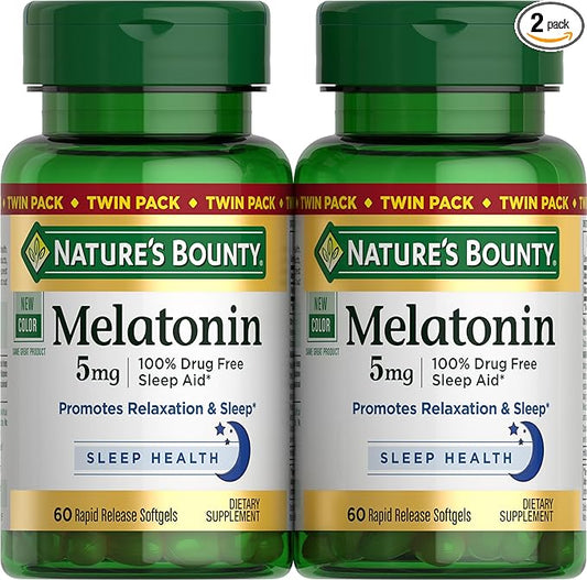 Nature's Bounty Melatonin 5mg, 100% Drug Free Sleep Aid, Dietary Supplement for Relaxation and Sleep Health - 4 Month Supply, 60 Rapid Release Softgels Twin Pack (120ct)