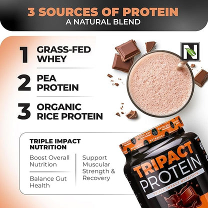 Nutrology TRIPACT Protein Powder, Creamy Chocolate Flavor, 7-in-1 Meal Replacement Shake with Grass Fed Whey Protein Powder, Pea Protein Powder, Greens, Probiotics & BCAAs, 20 Servings