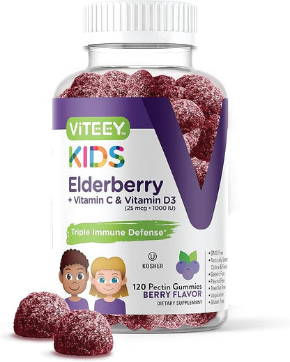 Sambucus Elderberry Gummies for Kids Immune Support Supplements with Vitamin D3 & Vitamin C - 3-1 Immune Booster - Vegetarian, Gelatin Free, Gluten Free, GMO Free - Tasty Chewable Berry Flavored Gummy