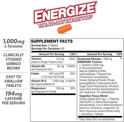 iSatori Energize Brain & Focus Caffeine Pills - Fast Acting All Day Energy Pills, Brain Booster, Energy and Focus Supplement, Time Release Caffeine Means No Jitters, No Crash (60 Tablets)