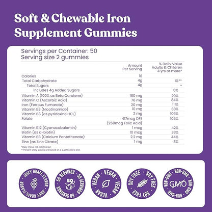 Iron Gummies Supplements for Adults (Women, Men) and Kids – Grape Flavor- Supports Anemia, Energy and Focus Levels – 100 Count