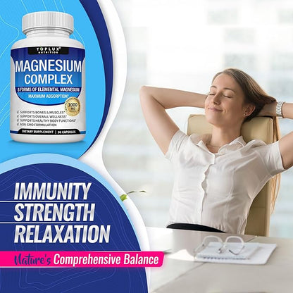 Magnesium Complex Supplement 8 Elemental Magnesium 1000mg - Magnesium Glycinate, Citrate, Malate, Taurate, Chelated for Easy Absorption for Bones, Muscle, Recovery, Energy, Vegan Non-GMO 90 Capsules