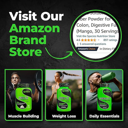 Species Nutrition Fiberlyze Fiber Supplement, Psyllium Based Soluble & Insoluble Fiber Powder for Healthy Colon, Digestive Functions (Mango, 30 Servings)