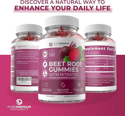 PurePremium Beet Root Gummies - 60 Sugar Free Beet Chews (50:1 Equivalent 1500 mg) - Super Nitric Oxide Gummies - Natural Blueberry Beets Chewables - Beets Supplements for Normal Blood Pressure