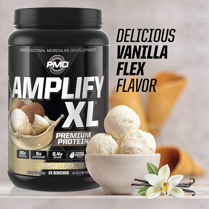 PMD Sports Amplify XL Premium Whey Protein Supplement Hydro Greens Blend - Glutamine and Whey Protein Matrix with Superfood for Muscle, Strength and Recovery - Vanilla Flex (24 Servings)
