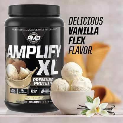 PMD Sports Amplify XL Premium Whey Protein Supplement Hydro Greens Blend - Glutamine and Whey Protein Matrix with Superfood for Muscle, Strength and Recovery - Vanilla Flex (24 Servings)