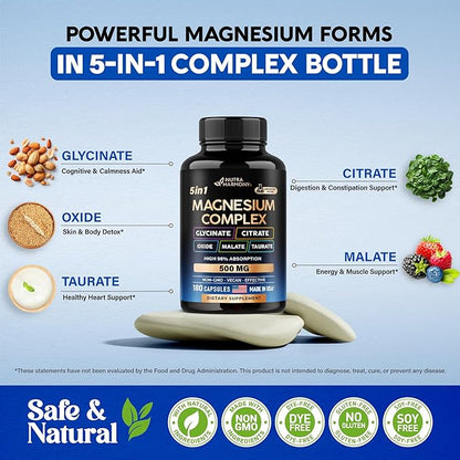 Magnesium Supplement - 5 in 1 Complex | Glycinate | Citrate | Malate | Taurate | Oxide - Made in USA - Stress, Muscle & Heart Support - Vegan, Natural, Non-GMO - 180 Capsules, 2 Month Supply
