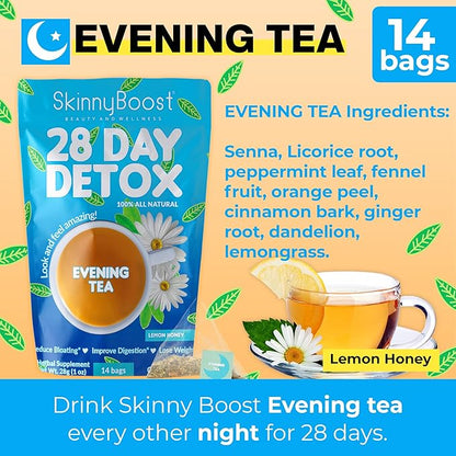 SkinnyBoost 28 Day Detox Tea Kit-1 Daytime (28 Bags) 1 Evening (14 Bags) Non GMO, Vegan, All Natural Teas, Made with Green Tea and Herbal Teas for Natural Detox and Cleanse, Reduce Bloating