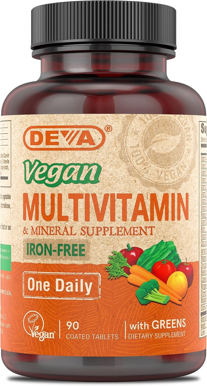 DEVA Vegan Multivitamin & Mineral Supplement Iron-Free - Vegan Formula with Green Whole Foods, Veggies, and Herbs - High Potency - 100% Vegan - 90 Count (Pack of 1)