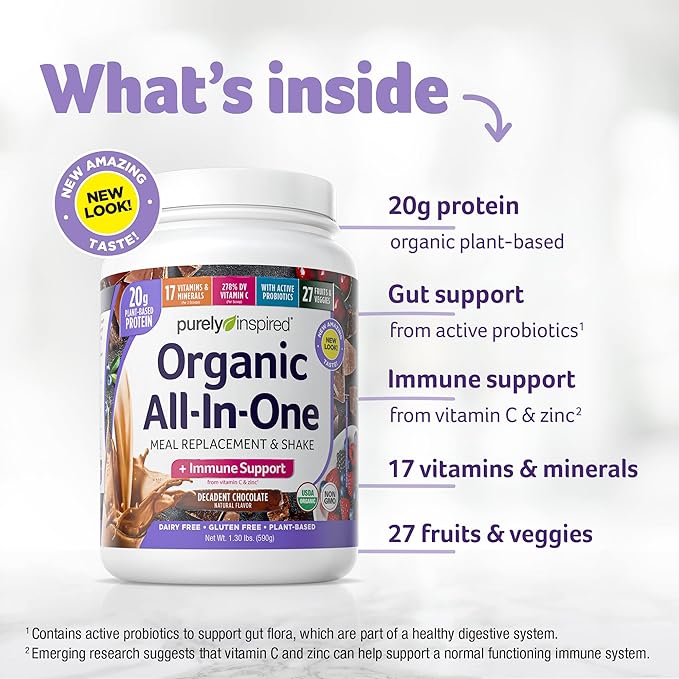 Purely Inspired All-in-One Vegan Protein Powder for Men & Women, Decadent Chocolate (14 Servings) - Plant-Based Organic Protein Powder for Shakes & Smoothies - Gluten-Free Nutritional Meal Replacement