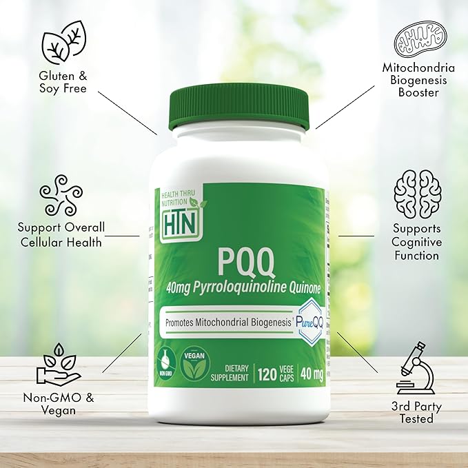 Health Thru Nutrition PQQ 40mg 120 Servings Pyrroloquinoline Quinone as PureQQ | Promotes Mitochondrial Biogenesis | Certified Vegan | Non-GMO Gluten Soy Free Capsules| Clean Label PQQ Supplement