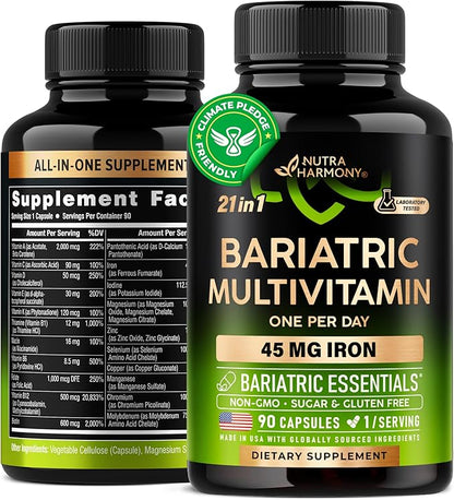 Bariatric Multivitamin - 45 mg Iron Supplements - Made in USA - for Women & Men - All-in-One, 21 Essential Vitamins - Gastric Sleeve Support - Free of Sugar, Gluten & Soy - 90 Capsules