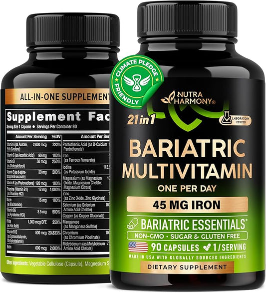 Bariatric Multivitamin - 45 mg Iron Supplements - Made in USA - for Women & Men - All-in-One, 21 Essential Vitamins - Gastric Sleeve Support - Free of Sugar, Gluten & Soy - 90 Capsules