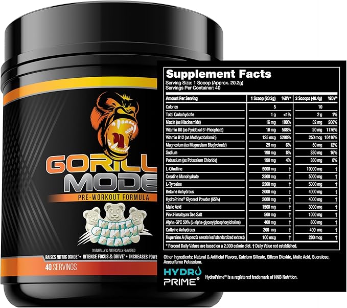 Gorilla Mode Pre Workout - Massive Pumps · Laser Focus · Energy · Power - L-Citrulline, Creatine, L-Tyrosine, Betaine, Hydroprime®, Alpha-GPC, 400mg Caffeine, Huperzine A – 808g (White Gummy Bear)