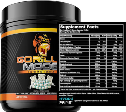 Gorilla Mode Pre Workout - Massive Pumps · Laser Focus · Energy · Power - L-Citrulline, Creatine, L-Tyrosine, Betaine, Hydroprime®, Alpha-GPC, 400mg Caffeine, Huperzine A – 808g (White Gummy Bear)