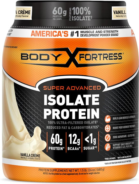 Body Fortress 100% Ultra-Filtered Isolate Protein Powder, Vanilla, 60g Protein & 12g BCAAs Per 2 Scoops, Muscle Gain & Recovery, Immune Support with Vitamins C & D, 1.5lbs,Packaging May Vary