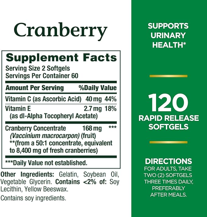 Nature's Bounty Cranberry, Herbal Health Supplement with Vitamin C, Supports Urinary Health, 4200mg, 120 Softgels