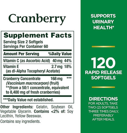 Nature's Bounty Cranberry, Herbal Health Supplement with Vitamin C, Supports Urinary Health, 4200mg, 120 Softgels