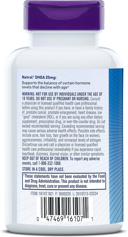 Natrol Mood & Stress DHEA 25mg With Calcium, Dietary Supplement for Balance of Certain Hormone Level and Mood Support, 300 Tablets, 300 Day Supply