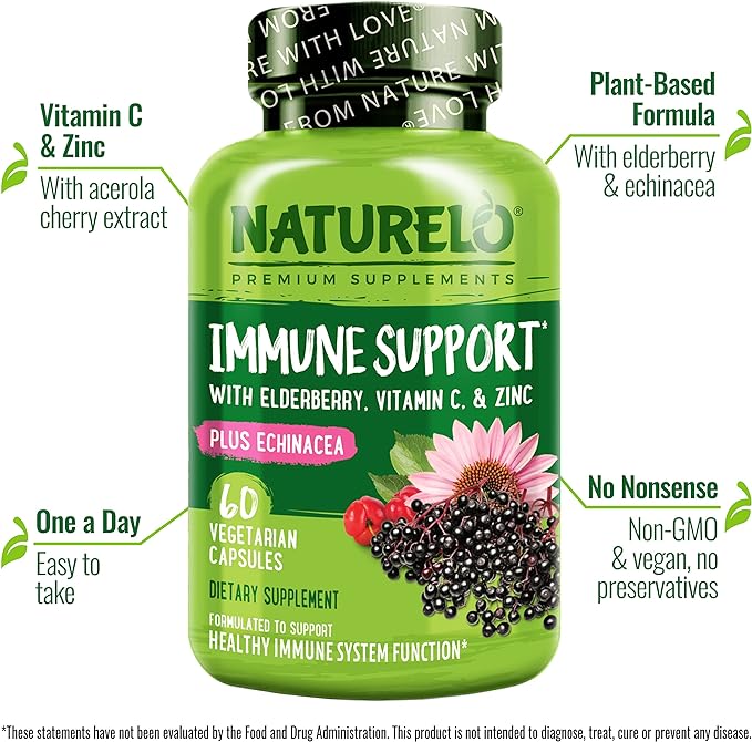 NATURELO Immune Support – Vitamin C, Elderberry, Zinc, Echinacea – Natural Immunity Boost w/Antioxidant, Herbal & Mineral Defense - 60 Vegan Capsules