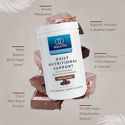 Equilife - Daily Nutritional Support, Organic and Plant Based Protein Powder, All-in-one Multivitamin, Boost Energy and Mood, Gut-Cleansing Aid and Skin Health (Pure Chocolate,14 Servings Tub)