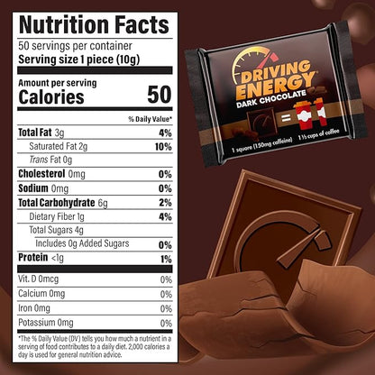 – Caffeinated Chocolate Energy Boost – Perfect for Helping Stay Awake While Working, Driving, Sports, and Work With No Crash – 50 Count