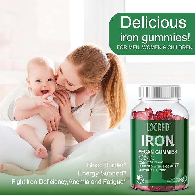 Vegan Iron Gummies,Multivitamin with Iron, Folate,Zinc for Man and Women,Strawberry Flavor (60 Ct)