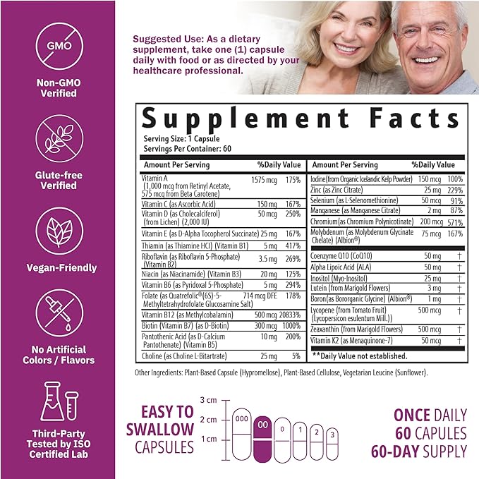 Just One Daily Methylated Multivitamin - 60 Caps Pure Methyl B12, Methylfolate MTHFR Support Supplement Iron Free Methylated Vitamins for Men & Women 2 Months Supply Gluten Free
