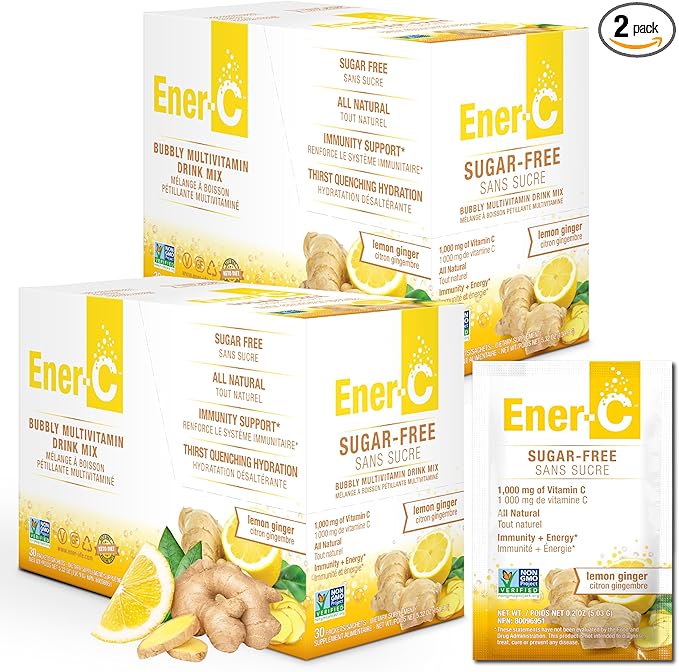 Ener-C Sugar Free Energy Lemon Ginger Multivitamin Drink Mix Vitamin C 1000mg & Electrolytes - Natural Immunity Support with Real Fruit Juice Powders - Non-GMO Vegan & Gluten Free - 60 Count