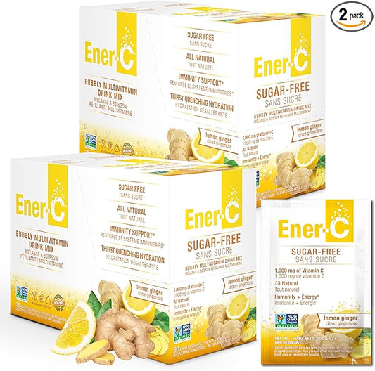 Ener-C Sugar Free Energy Lemon Ginger Multivitamin Drink Mix Vitamin C 1000mg & Electrolytes - Natural Immunity Support with Real Fruit Juice Powders - Non-GMO Vegan & Gluten Free - 60 Count