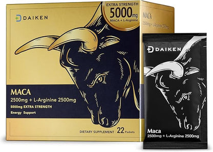 DAIKEN Peruvian Maca Root Powder Extra Strength 15,000 mg, Gelatinized Black, Red, Yellow Maca Blend with L-Arginine (2,500 mg) for Men and Women, Superior Absorption, Vegan, Lab Tested - 22 Packets