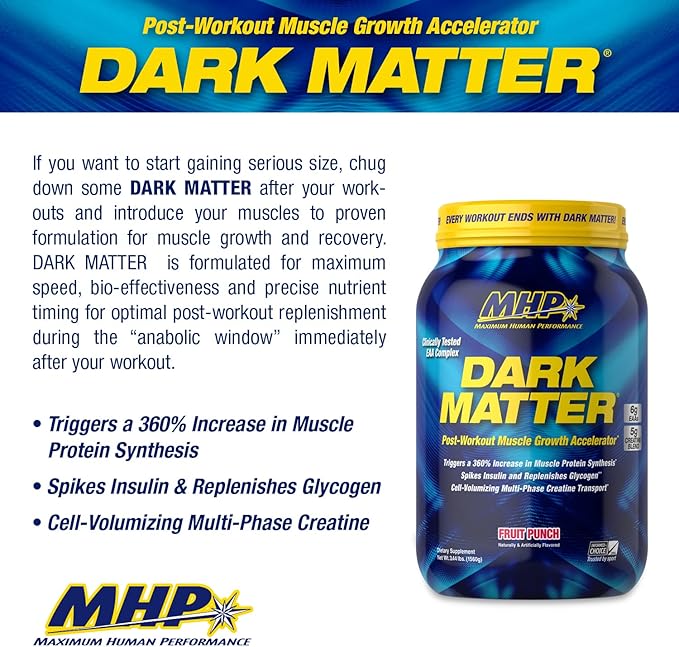 MHP Dark Matter Post Workout, Recovery Accelerator, w/Multi Phase Creatine, Waxy Maize Carbohydrate, 6g EAAs, Fruit Punch, 20 Servings, 55 Oz