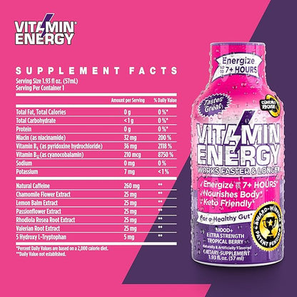 Mood Support Vitamin Energy Drink - Sugar Free, Keto/Vegan Friendly Shots | Mood Balancing with Rhodiola and Chamomile | Energize up to 7+ Hours | Tropical Berry - 1.93 Fl Oz - Pack Of 12