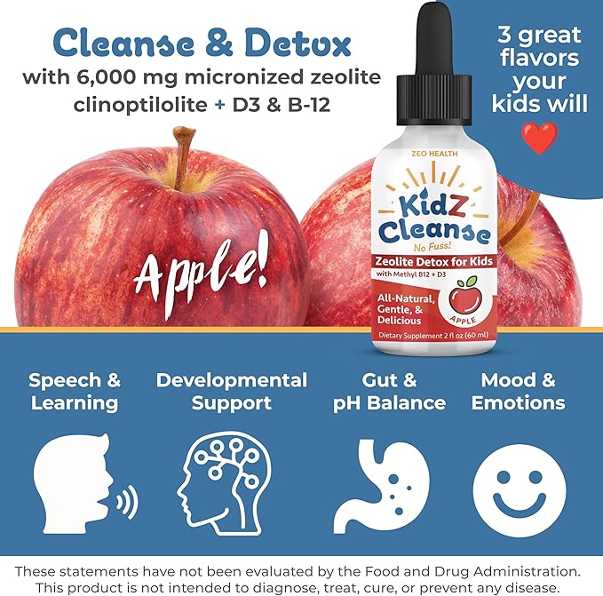 Kidz Cleanse | Zeolite Detox for Kids | Development, Behavior, Energy and Gut Health Support Supplement | Easy to Take, Pure Liquid Zeolite Drops + Methyl B12 + D3 (Apple Flavor) - 2oz