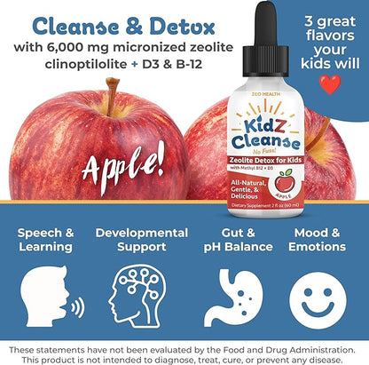 Kidz Cleanse | Zeolite Detox for Kids | Development, Behavior, Energy and Gut Health Support Supplement | Easy to Take, Pure Liquid Zeolite Drops + Methyl B12 + D3 (Apple Flavor) - 2oz