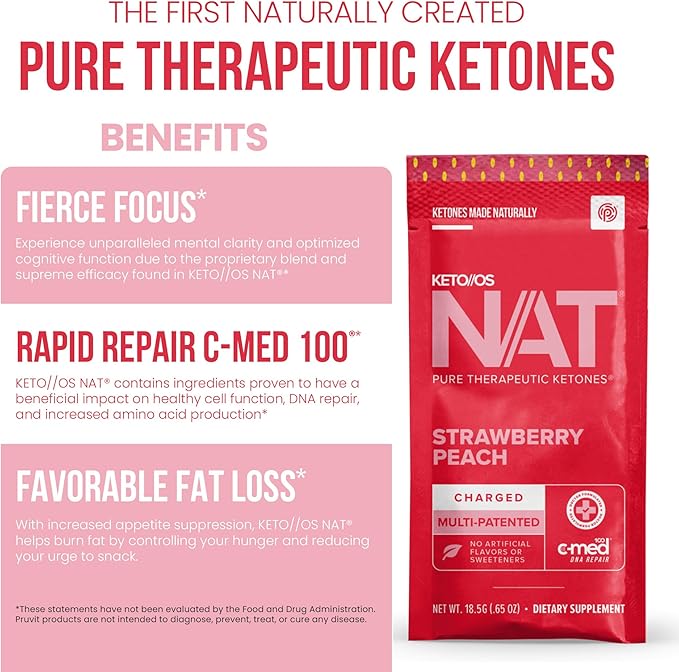 PRÜVIT Keto//OS NAT® Strawberry Peach Keto Supplements – Charged - Exogenous Ketones - BHB Salts Ketogenic Supplement for Workout Energy Boost for Men and Women (20 Count)