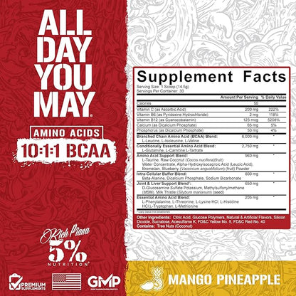 5% Nutrition Rich Piana AllDayYouMay BCAA Powder | Premium Intra & Post Workout Amino Acids, Hydration, Endurance, Muscle Recovery, Joint & Liver Support | 15.3 oz, 30 Servings (Mango Pineapple)
