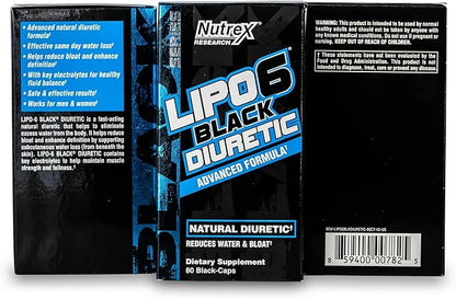 Nutrex Research - Lipo 6 Black Diuretic Water Pills (80 Caps) - Diuretics Reduce Bloat, Water Weight & Enhances Muscle Definition - Water Pill Bloating Relief - Diuretics for Water Retention Pills