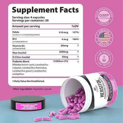 Hormone Balance for Women, PCOS, Ovarian Support, Fertility, Menstrual Cycle | Myo-Inositol & D-Chiro Inositol Supplement 40:1 Ratio With Folic Acid, B12 & Probiotics | Female Vitamins 120 Capsules