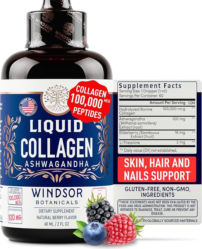 Liquid Collagen for Women with Ashwagandha, Elderberry, L-Theanine - High Absorption 100,000 mcg Hydrolyzed Collagen Peptides Liquid - Collagen Drops Hair, Skin, Nails and Nails Support – 60 Servings