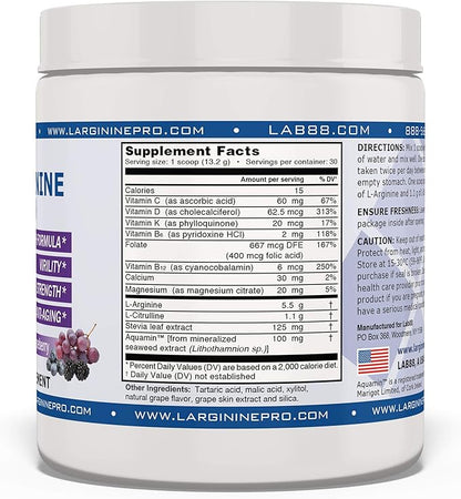 L-ARGININE PRO | L-arginine Supplement Drink Mix Powder | 5,500mg of L-arginine Plus 1,100mg L-Citrulline (Grape Berry, 1 Jar)