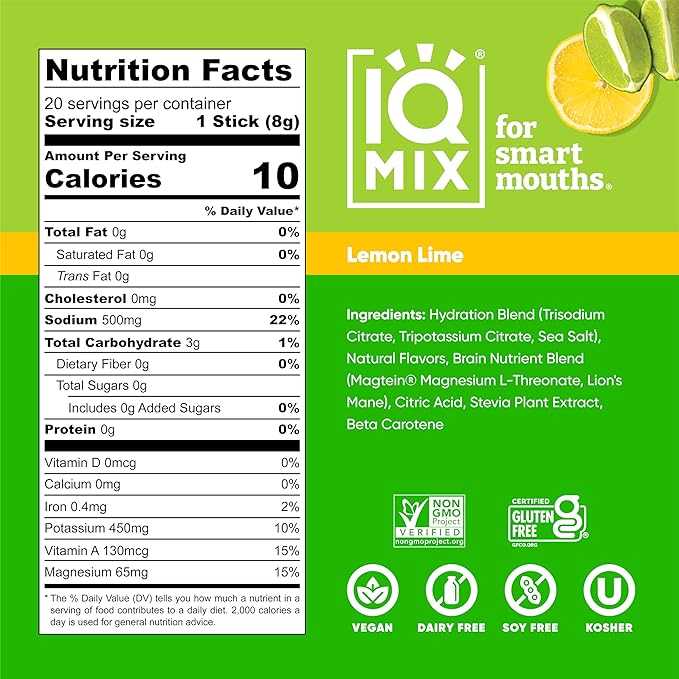 IQMIX Sugar Free Electrolytes Powder Packets - Hydration Supplement Drink Mix with Keto Electrolytes, Lions Mane, Magnesium L-Threonate, and Potassium Citrate - Lemon Lime (20 Count)